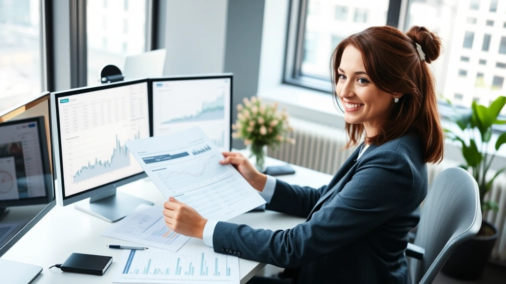 A professional woman reviewing financial documents and investment charts at a modern desk with multiple monitors, confident expression, natural lighting from office windows, wearing business attire