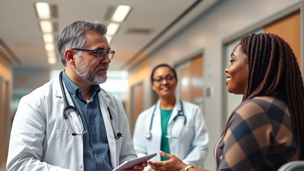 Healthcare professional in white coat consulting with diverse patient in a modern federal health center, warm lighting, stethoscope visible, represents intersection of healthcare careers and financial security