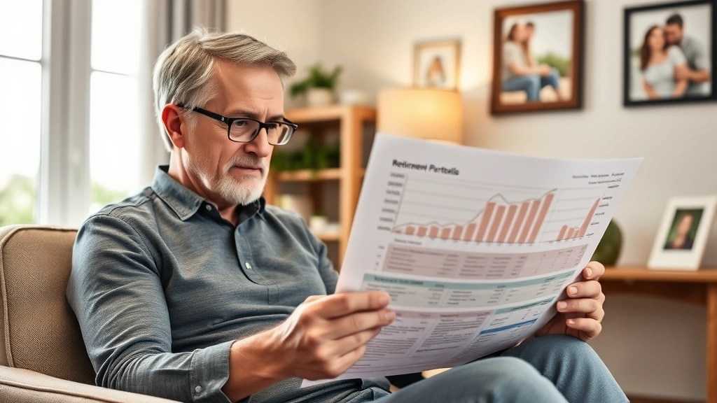 Successful person reviewing retirement portfolio statements with visual representation of compound growth, sitting in comfortable home office with family photos, demonstrates long-term wealth accumulation and financial peace