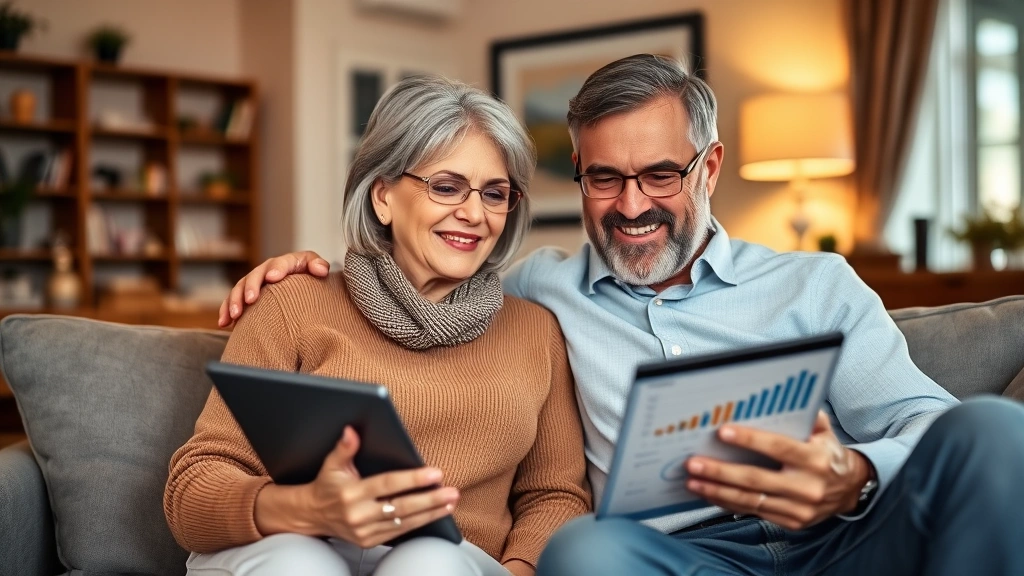 A satisfied middle-aged couple reviewing their investment portfolio on a tablet while sitting in their comfortable home, smiling with confidence, warm home lighting