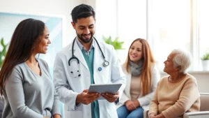 Professional healthcare provider in modern clinic setting wearing white coat, reviewing patient information on tablet, bright natural lighting, welcoming medical office environment, diverse representation