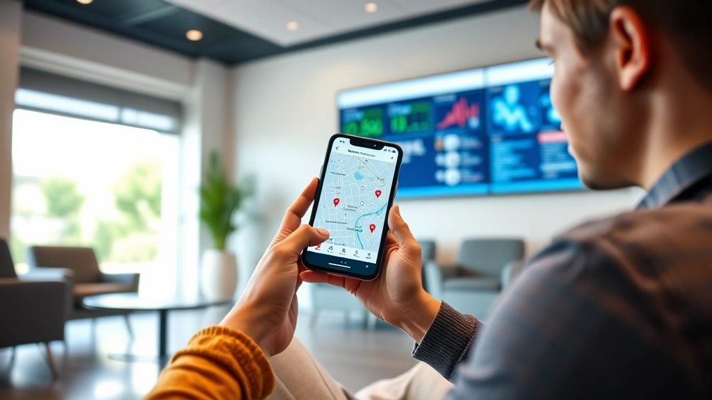 Patient checking smartphone with location map displayed, sitting in comfortable healthcare waiting area with contemporary furniture, digital health information on wall display, natural daylight