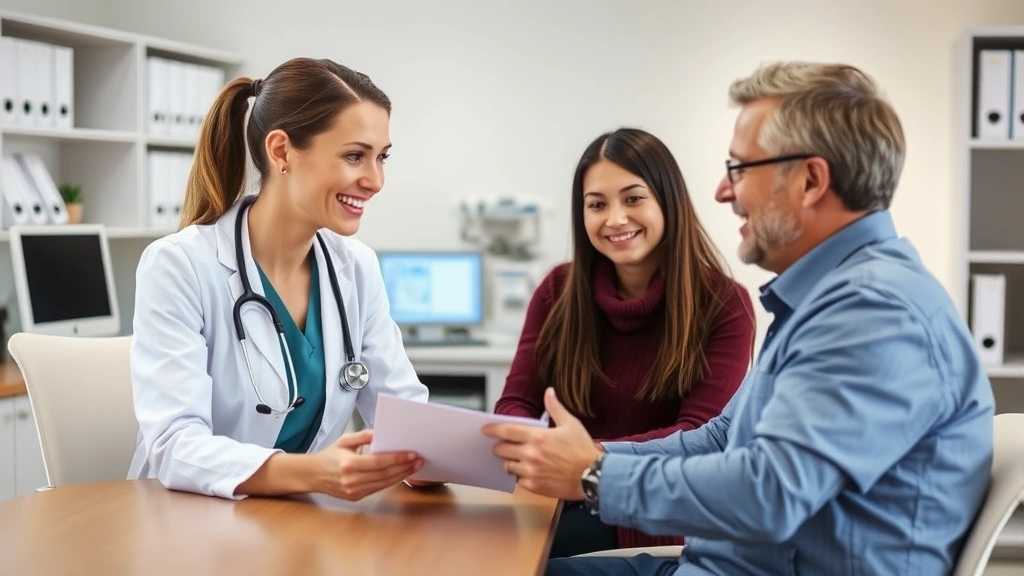 Healthcare professional discussing treatment plan with patient at desk, both smiling, modern medical office with technology visible, organized files and medical equipment in background, professional yet warm atmosphere
