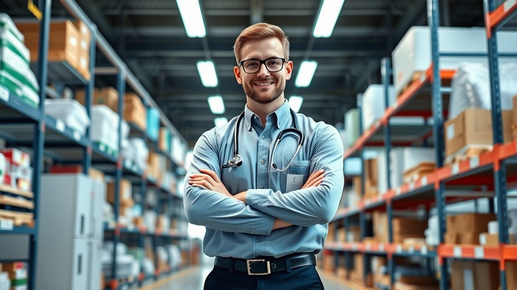 Professional healthcare worker in modern hospital or distribution center, wearing business casual attire, standing confidently with arms crossed, surrounded by medical supplies and organized shelving systems, natural lighting, photorealistic