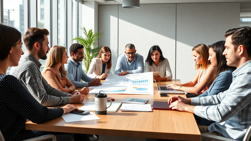 Diverse team of professionals in a collaborative meeting room, reviewing charts and discussing strategy around a conference table, inclusive workplace environment, natural sunlight, modern office setting, photorealistic