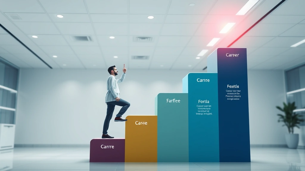 Career progression visualization showing professional development milestones, person climbing upward through different career stages in healthcare setting, achievement and growth theme, inspirational atmosphere, photorealistic