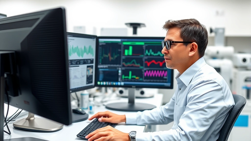 Professional public health official reviewing epidemiological data on computer screens in modern laboratory setting, wearing business casual attire, focused expression, sterile background with health-related equipment visible