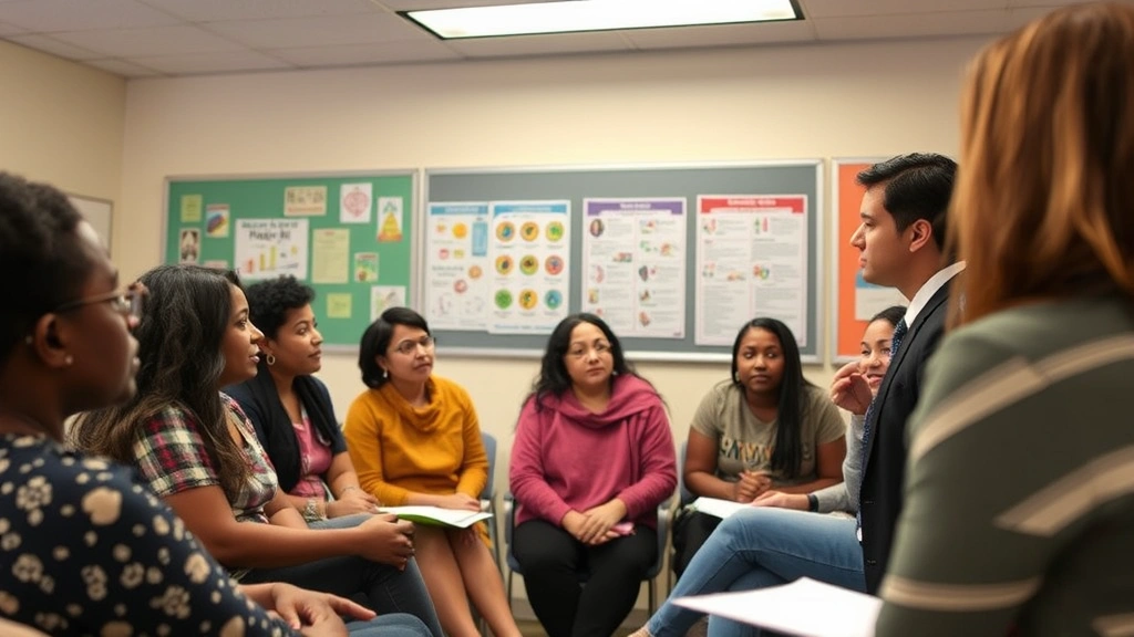 Public health educator conducting community health workshop with diverse group of people listening attentively, classroom setting with health posters on walls, warm lighting, inclusive and educational environment