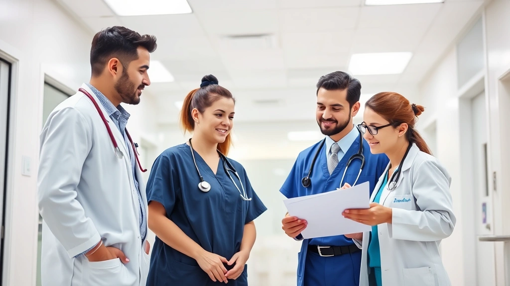 Professional healthcare team collaborating in modern medical facility, diverse professionals in scrubs and business attire reviewing patient information together in bright, clean clinical environment