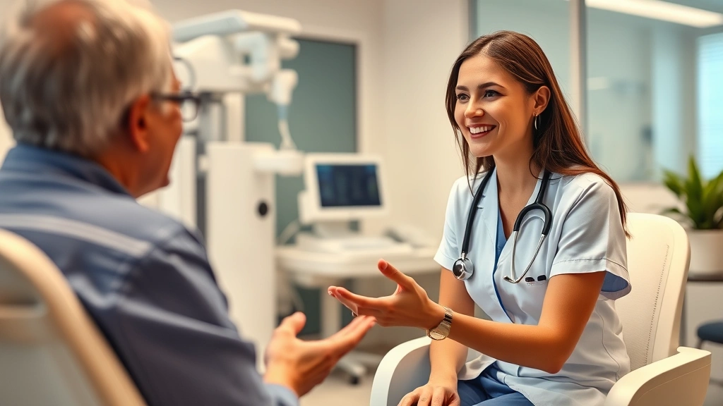 Confident nurse practitioner conducting patient consultation in contemporary healthcare office, wearing professional medical attire, modern diagnostic equipment visible in background, warm clinical setting