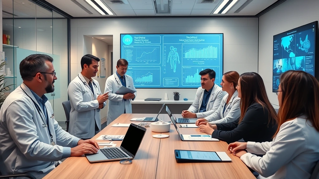 Healthcare professionals in leadership meeting discussing strategic planning, diverse team around conference table with healthcare technology displays, professional business environment with medical facility elements