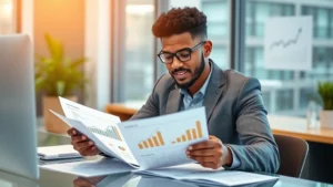 Photorealistic image of a diverse young professional reviewing financial documents and growth charts on a tablet at a modern desk, showing confident planning and wealth building progression