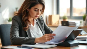 Professional woman reviewing financial documents at desk with calculator and notebook, natural office lighting, focused expression, wealth planning concept