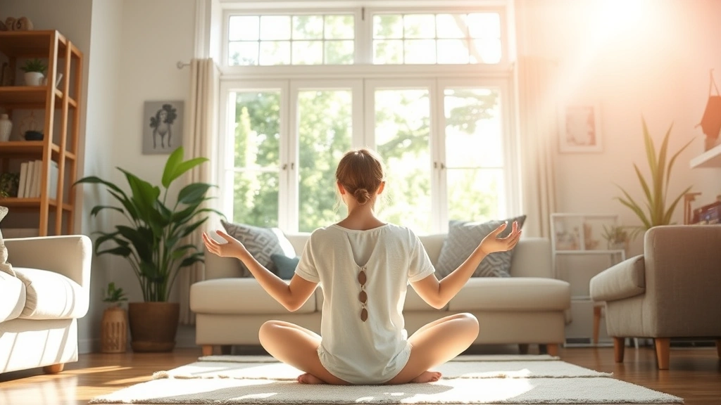 Person meditating peacefully in comfortable home environment, sunlight streaming through windows, representing mental wellness and stress relief for better financial decisions