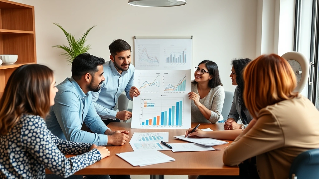 Diverse group of people in financial planning meeting with advisor, reviewing charts and discussing goals, collaborative wealth-building atmosphere