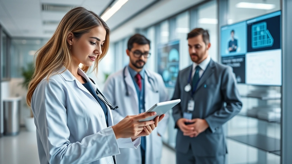 Professional woman using tablet in modern healthcare office with colleagues discussing digital health technology and patient monitoring systems