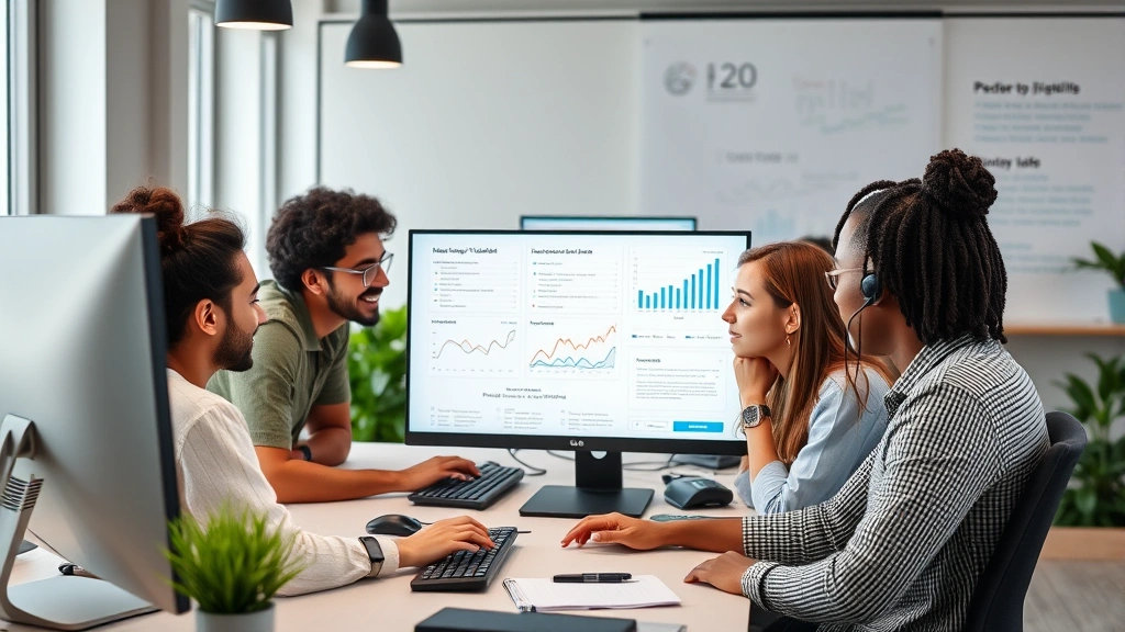 Young diverse team collaborating around computer screens in tech startup office designing mental health application interface with charts