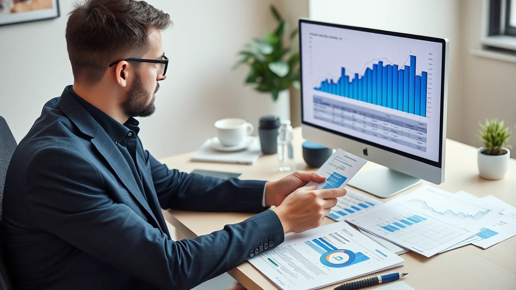 Businessman reviewing financial growth charts on computer while sitting at desk with healthcare technology documents and investment portfolio