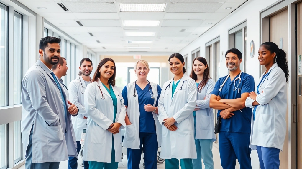 Professional healthcare team in modern Catholic hospital environment, diverse medical staff wearing scrubs and white coats collaborating around patient care area, modern medical facility interior with natural lighting and welcoming atmosphere