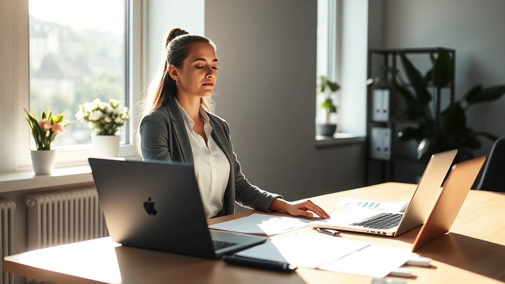 A serene professional woman meditating at her desk with a laptop and financial documents, morning sunlight streaming through office windows, calm composed expression, modern minimalist workspace