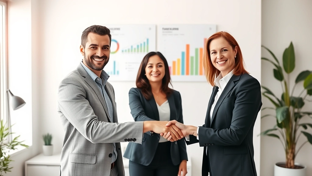 A confident financial advisor and client shaking hands in a bright office, both smiling, diverse professionals, modern financial planning charts visible on wall behind them, warm professional atmosphere
