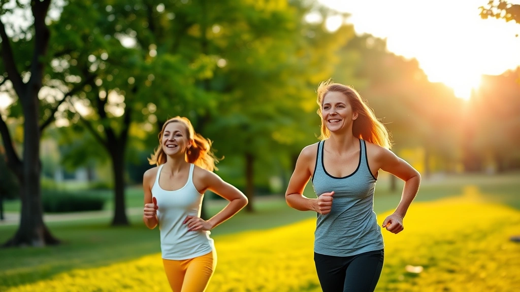 A healthy couple jogging together in a park at sunrise, energetic and happy, green trees and peaceful natural setting, embodying wellness and vitality that supports financial success