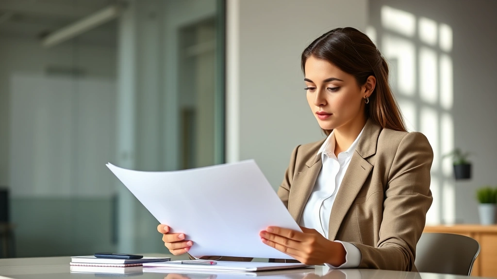 Professional woman in business attire reviewing health documents at modern desk with natural light, confident expression focused on wellness planning for financial security