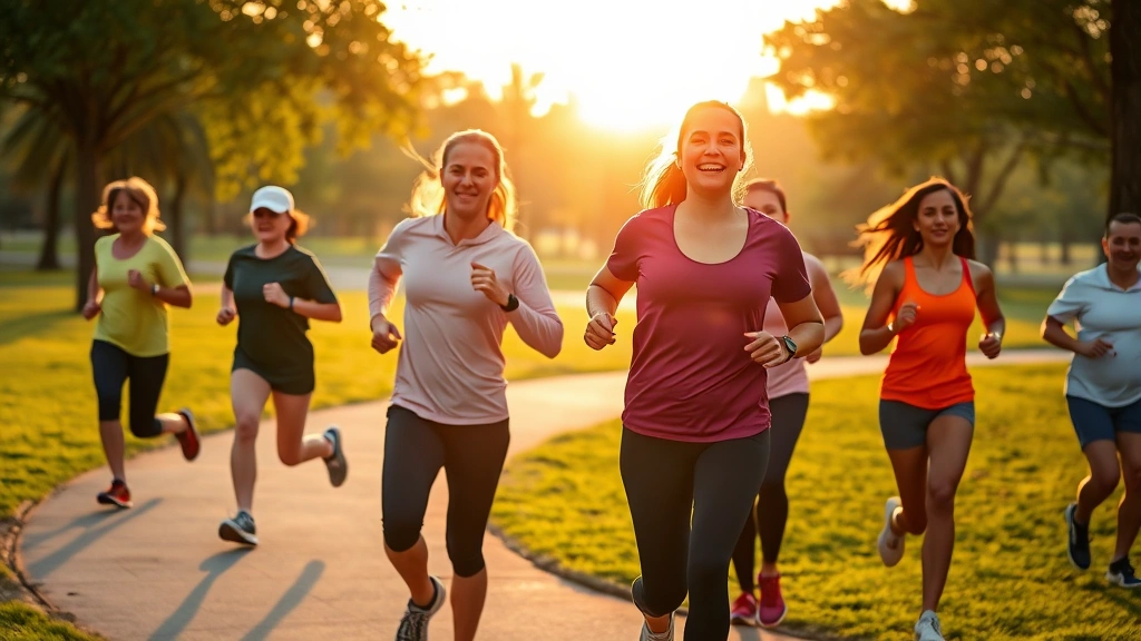 Diverse group of people exercising outdoors in park during sunrise, jogging and stretching, healthy lifestyle representing wealth building through preventive wellness habits