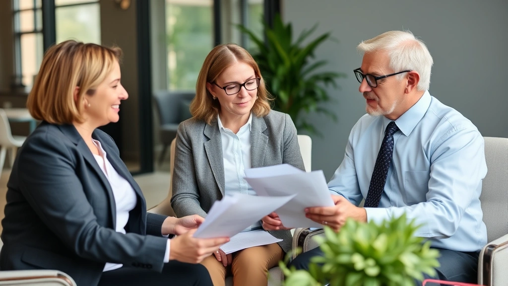 Mature professional couple consulting with financial advisor in modern office, reviewing documents and discussing long-term healthcare planning and retirement security