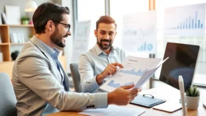 Professional financial advisor in modern office reviewing investment portfolio with client, charts and graphs visible, natural lighting, confident business atmosphere