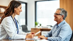 Professional healthcare provider consulting with patient in modern clinic, both smiling, natural lighting, warm environment, desk with wellness materials