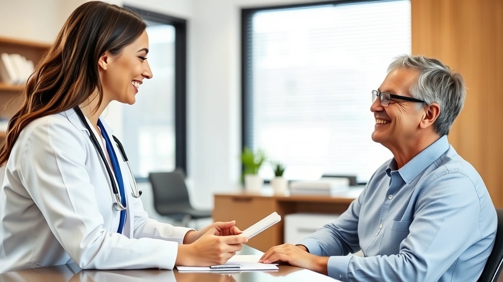 Professional healthcare provider consulting with patient in modern clinic, both smiling, natural lighting, warm environment, desk with wellness materials