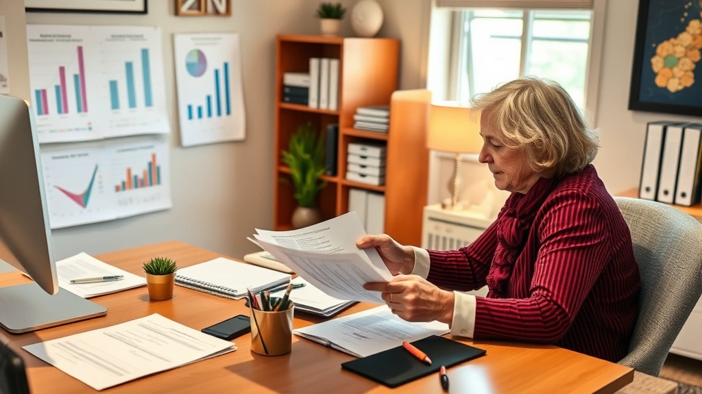 Financial advisor and client reviewing retirement planning documents at desk, warm office setting, charts and planning materials visible, collaborative atmosphere