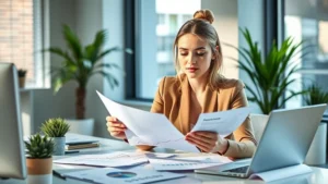 Professional woman reviewing financial documents and growth charts at modern office desk with natural lighting, confident expression, organized workspace with plants and financial reports
