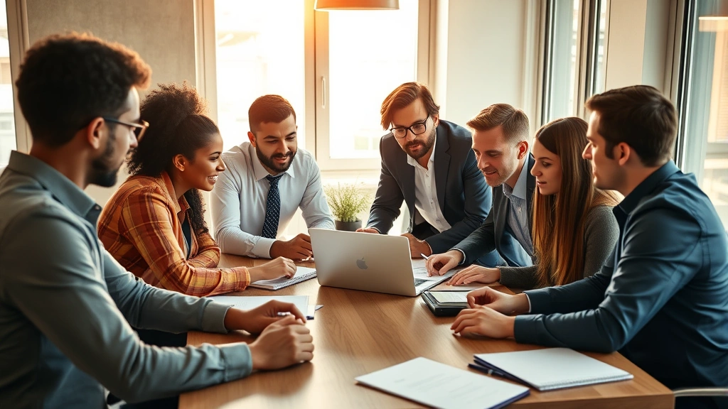 Diverse group of people in casual business attire collaborating around table with laptop and notebooks, discussing investment strategy, natural sunlight through windows, warm professional atmosphere