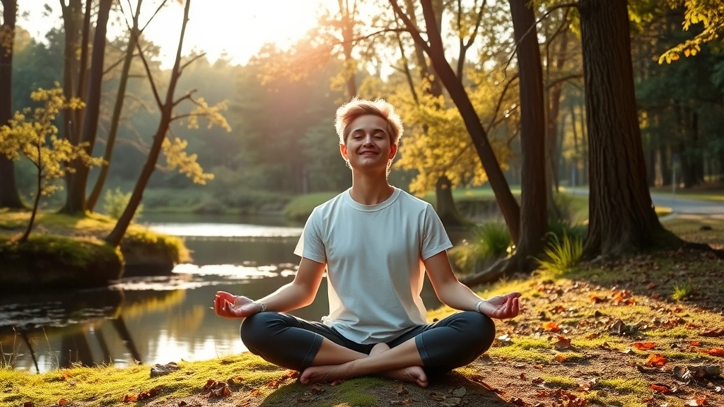 Peaceful person meditating in nature surrounded by trees and water, serene expression, healthy outdoors environment representing wellness and financial clarity, morning light