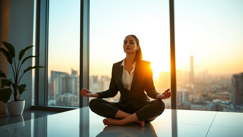 Professional woman in business attire meditating peacefully in bright modern office overlooking city skyline during sunrise, serene expression, natural lighting, wellness focus