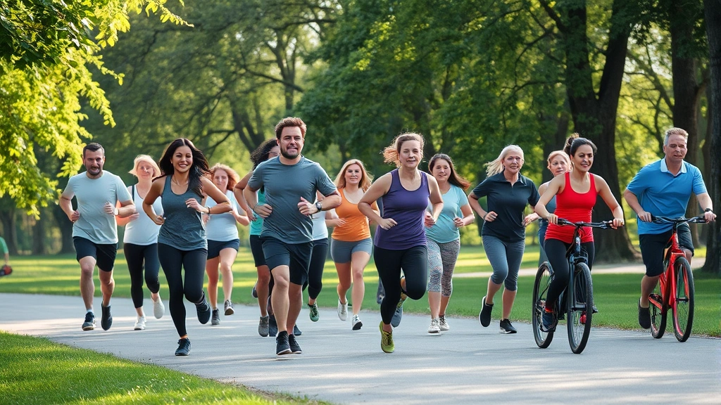 Diverse group of people exercising together outdoors in park—running, stretching, cycling—showing community health and vitality with trees and green space, daytime, energetic mood