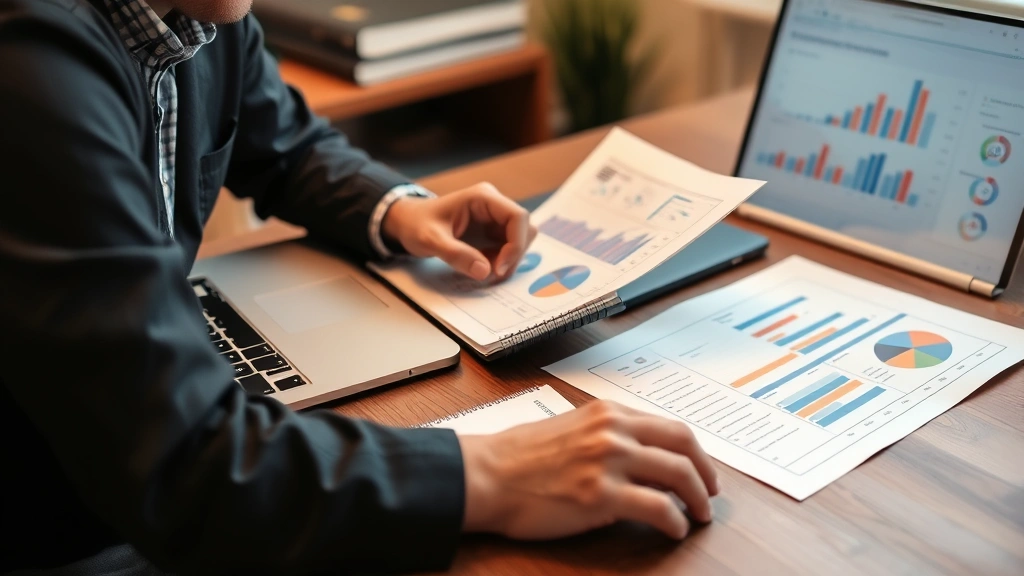 Person reviewing financial documents and charts at wooden desk with laptop, calculator, and notebook, focused expression, warm office lighting, professional setting without visible text