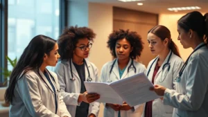 Professional diverse healthcare team in modern clinic setting discussing patient care plan with warm lighting and collaborative atmosphere, no text or charts visible