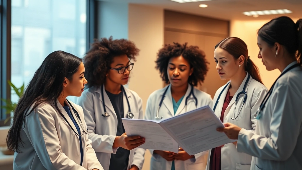 Professional diverse healthcare team in modern clinic setting discussing patient care plan with warm lighting and collaborative atmosphere, no text or charts visible