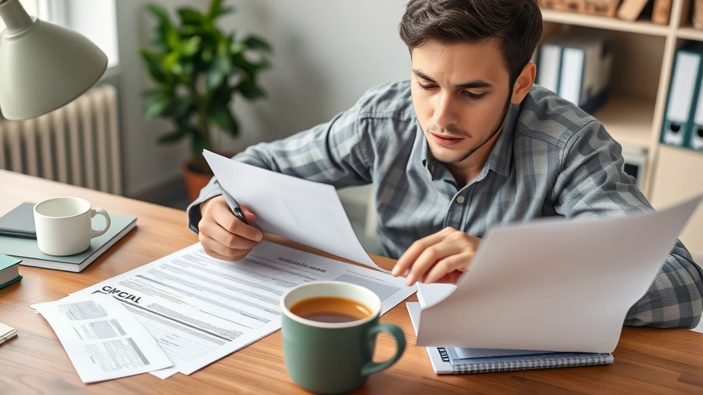 Young professional reviewing financial documents and health insurance paperwork at desk with coffee, focused and organized workspace, no visible text on documents