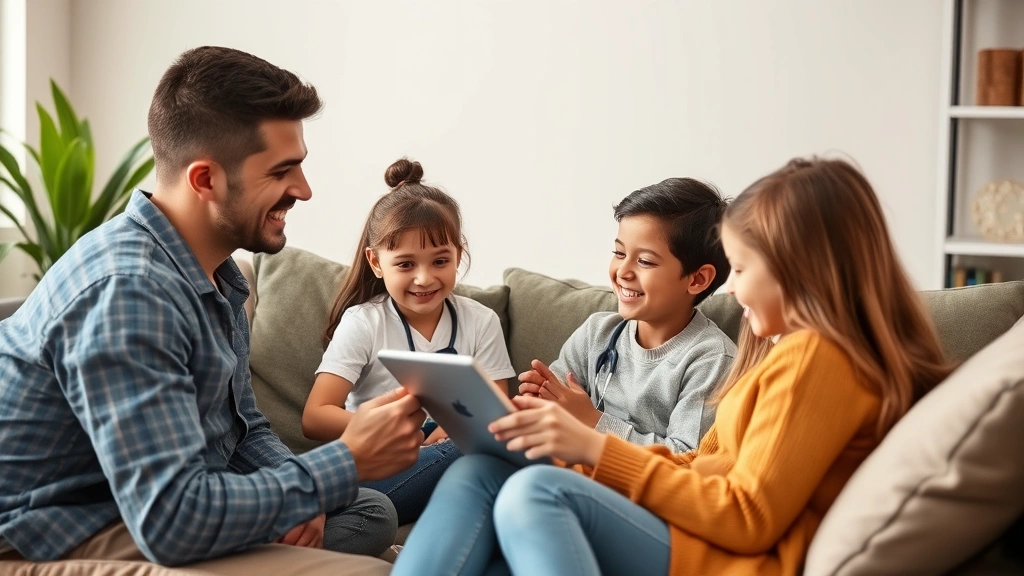 Family having virtual telehealth consultation on tablet in comfortable home setting with healthcare provider visible on screen, modern technology integration