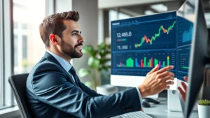 Professional businessman in modern office reviewing financial charts and investment portfolio on computer screen, confident expression, natural lighting, high-end workspace environment