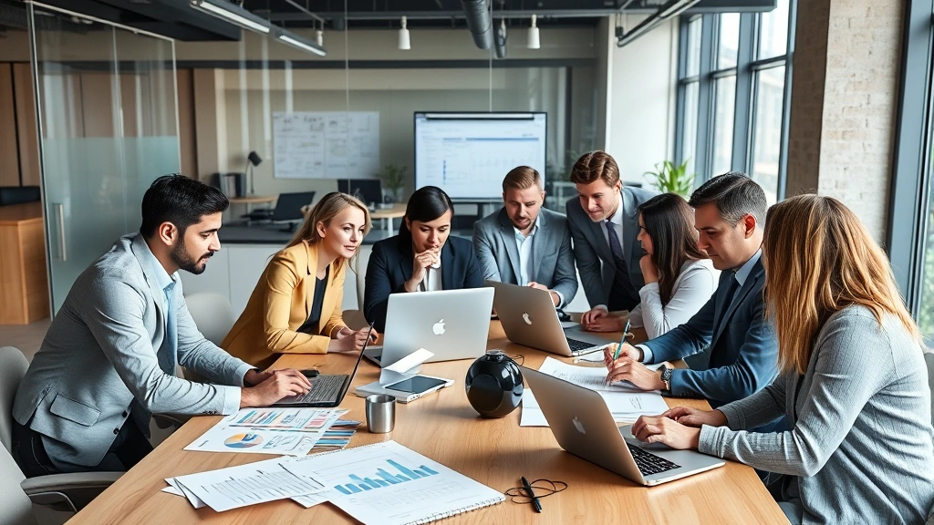 Diverse group of professionals collaborating around conference table with financial documents, laptops, and growth charts visible, focused teamwork atmosphere, modern office setting