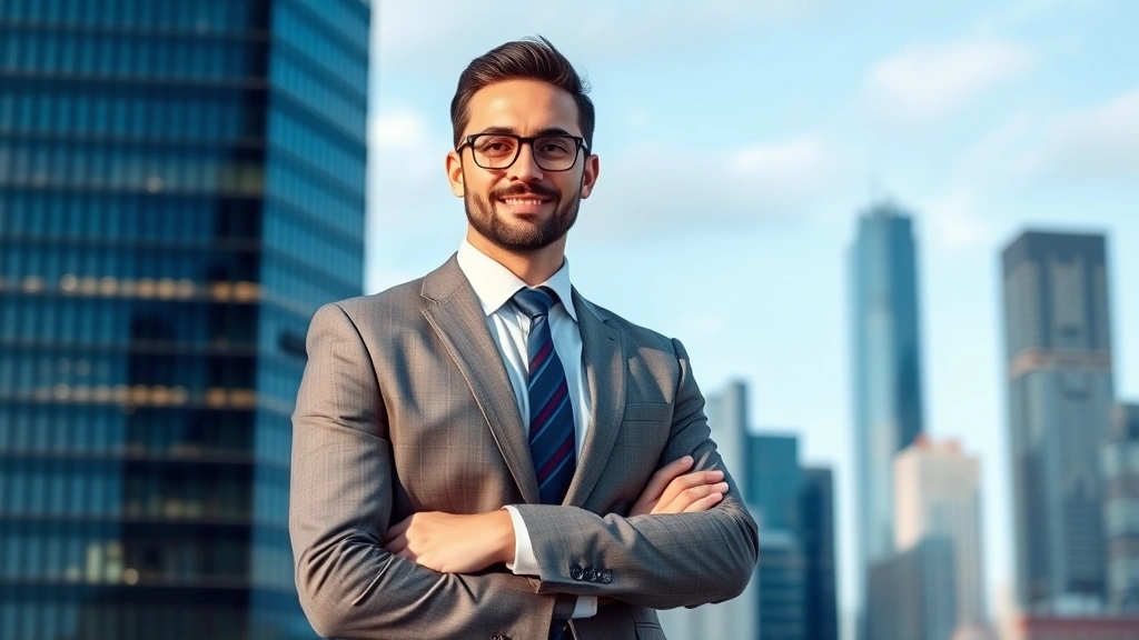 Successful entrepreneur or financial advisor in professional attire standing confidently with cityscape background, representing financial success and wealth accumulation achievement