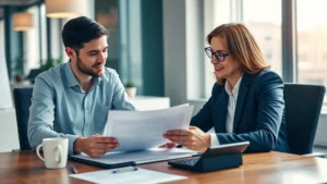 Professional financial advisor reviewing healthcare benefits documents with client at modern office desk, warm lighting, both smiling, papers and calculator visible, representing strategic healthcare planning and wealth management