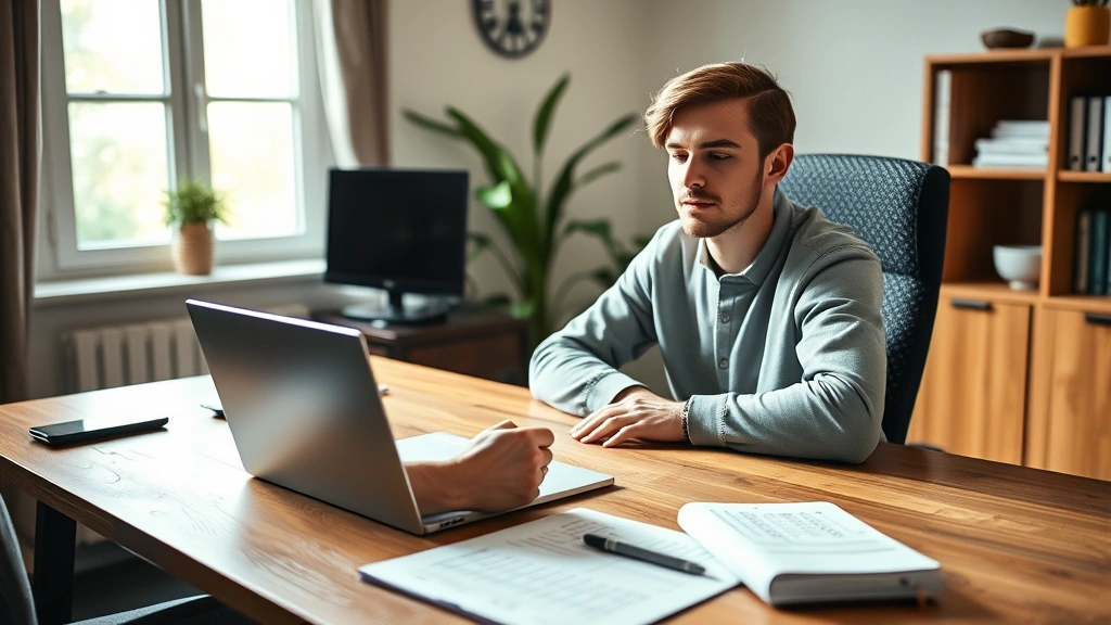 Person sitting at home office desk using laptop to compare health insurance plan options, notepad with calculations nearby, peaceful focused expression, bright natural window light, showing plan optimization process