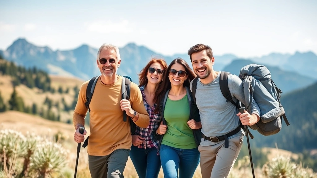 Diverse family of four enjoying outdoor activities together, hiking in nature with mountains in background, healthy and happy, representing preventive healthcare benefits and wellness optimization for wealth preservation