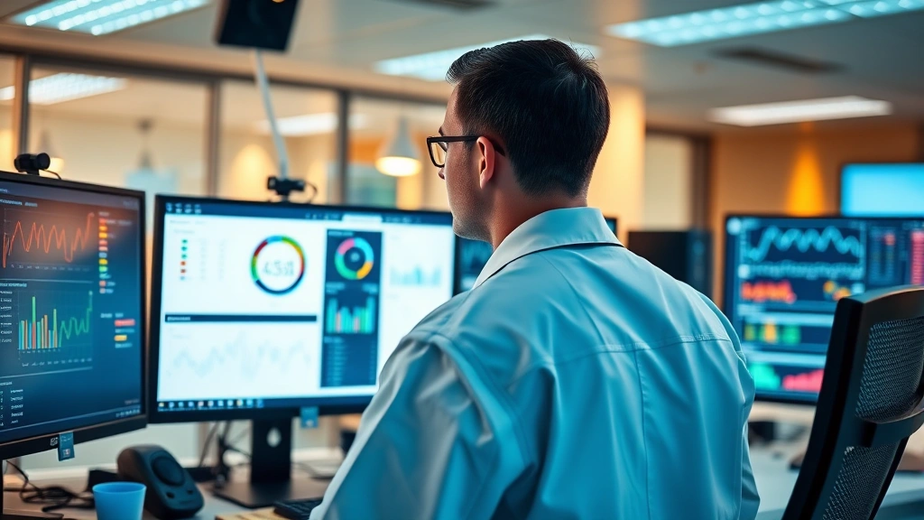 Professional healthcare administrator monitoring multiple computer screens displaying patient data dashboards and system performance metrics in modern hospital IT control room, warm lighting